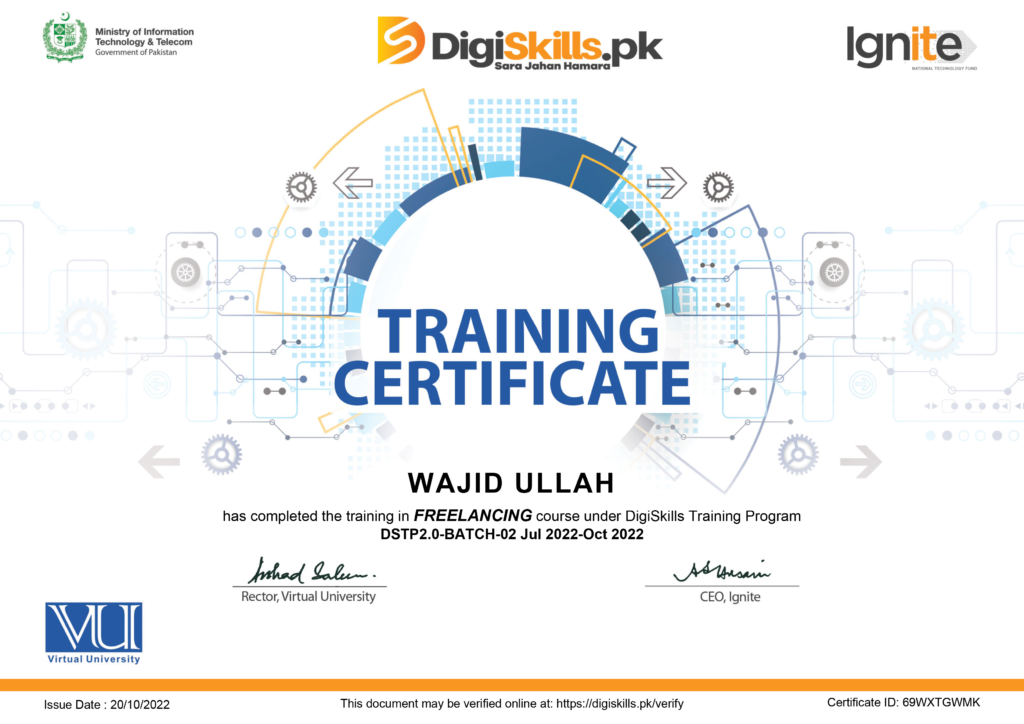 Wajid Ullah | Freelancing Certificate | FRL