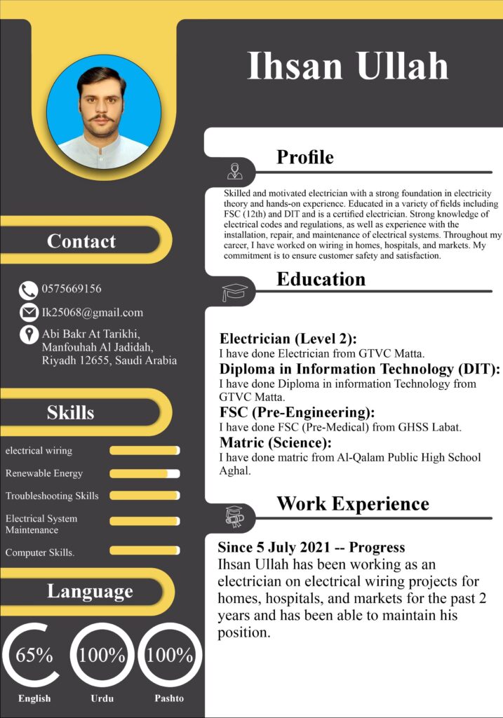 Ihsan Ullah CV | Electrician | IT Diploma Holder