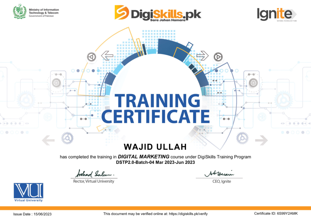 Wajid Ullah | Digital Marketing Certificate | DGM | Facebook Marketing | Google Marketing | YouTube Marketing | Instagram Marketing | TikTok Marketing | Social Media Marketing