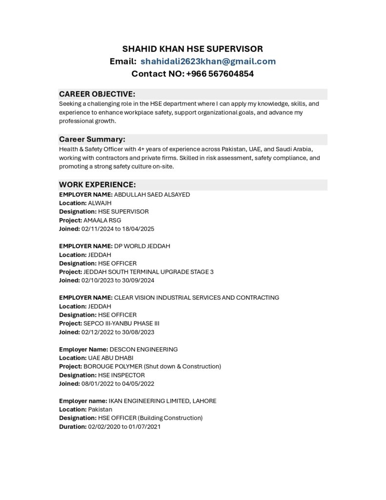 SHAHID KHAN HSE SUPERVISOR CV FIRST PAGE